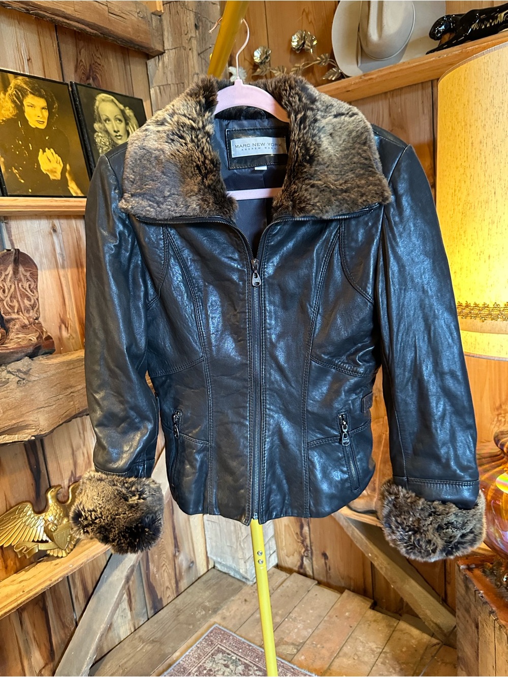 Marc New York Black Leather Jacket with Brown Fur Trim